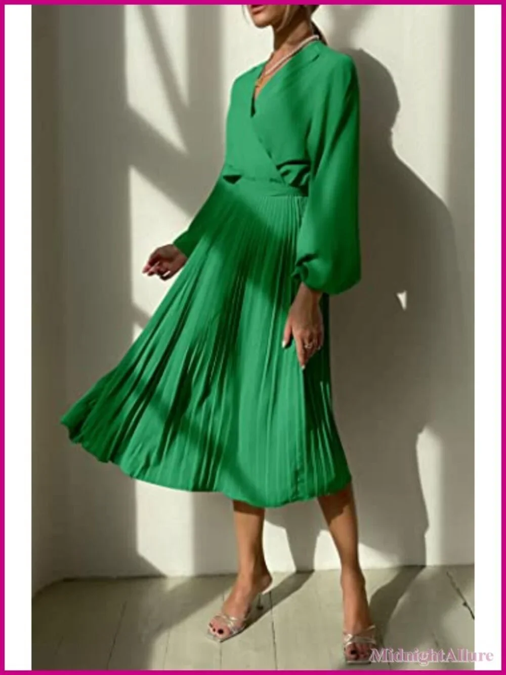 Women's V-Neck Puff Sleeve Midi Wrap Dress Flowy Ruffle Pleated